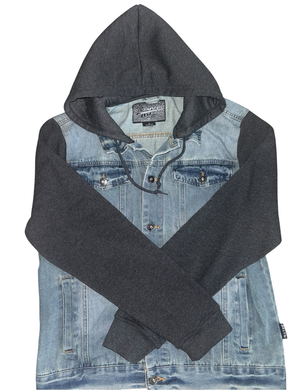 Brooklyn Cloth Hooded Denim Jacket L Colorblock Trucker Black Hoodie Like New